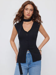 Knit V-neck Solid Button Split Tank Top With Scarf