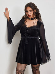 Velvet Square Neck Lace Up Bell Sleeve Mini Dress Curve & Plus