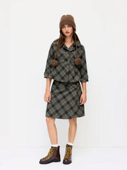Jacquard Peter Pan Collar Plaid Double Breasted Mid-length Sleeve Jacket