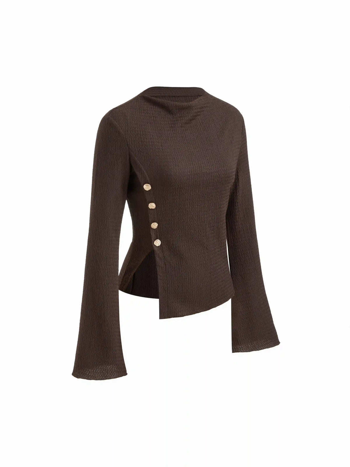 Texture Stand Collar Bell Sleeve Split Side Metal Button Top