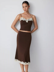 Lace Trim V-neck Cami Top & Low Rise Midi Skirt Set