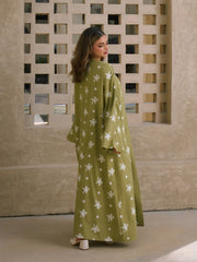 Two Pieces Square Neck Maxi Dress & Floral Embroidery Bell Sleeve Open-front layer