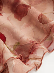 Chiffon Rose Pattern Ruffle Hem Asymmetrical Neck Dress