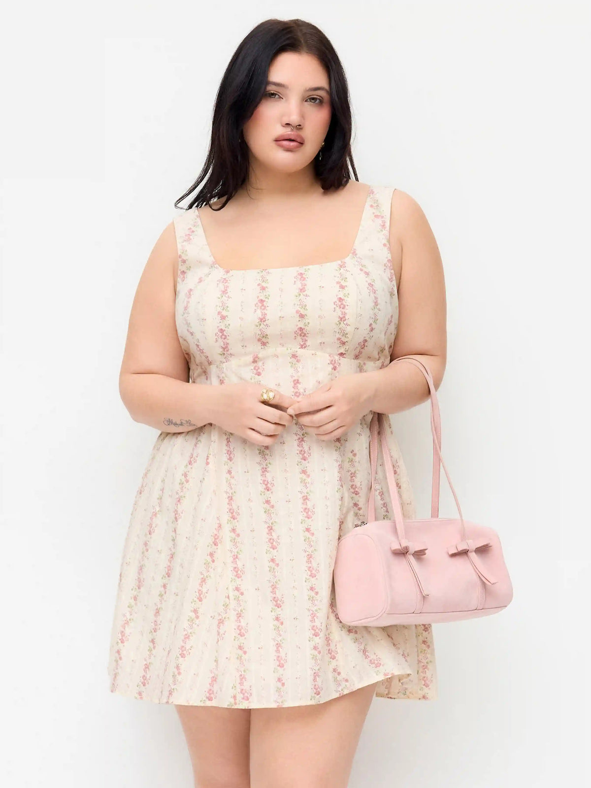 Cotton Floral Square Neck Bowknot Flared Mini Dress Curve & Plus