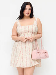 Cotton Floral Square Neck Bowknot Flared Mini Dress Curve & Plus
