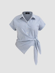 Cotton-blend Collar Stripe Knotted Short Sleeve Shirt Curve & Plus