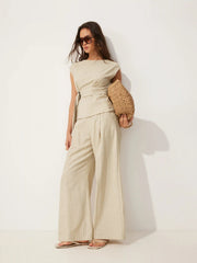 Linen-blend Boat Neck Striped Tie-waist Cami Blouse