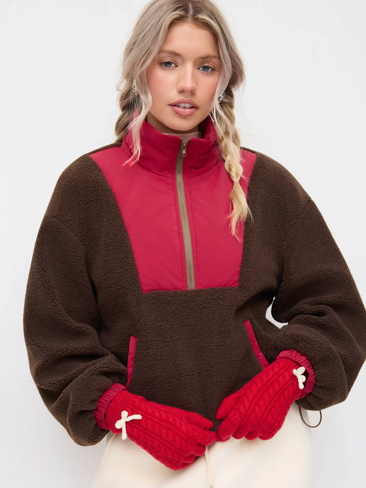 Fleece Stand Collar Colorblock Drawstring Oversized Sweatshirt