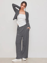 V-neck Striped Long Sleeve Top & Solid Ruched Tube Top set