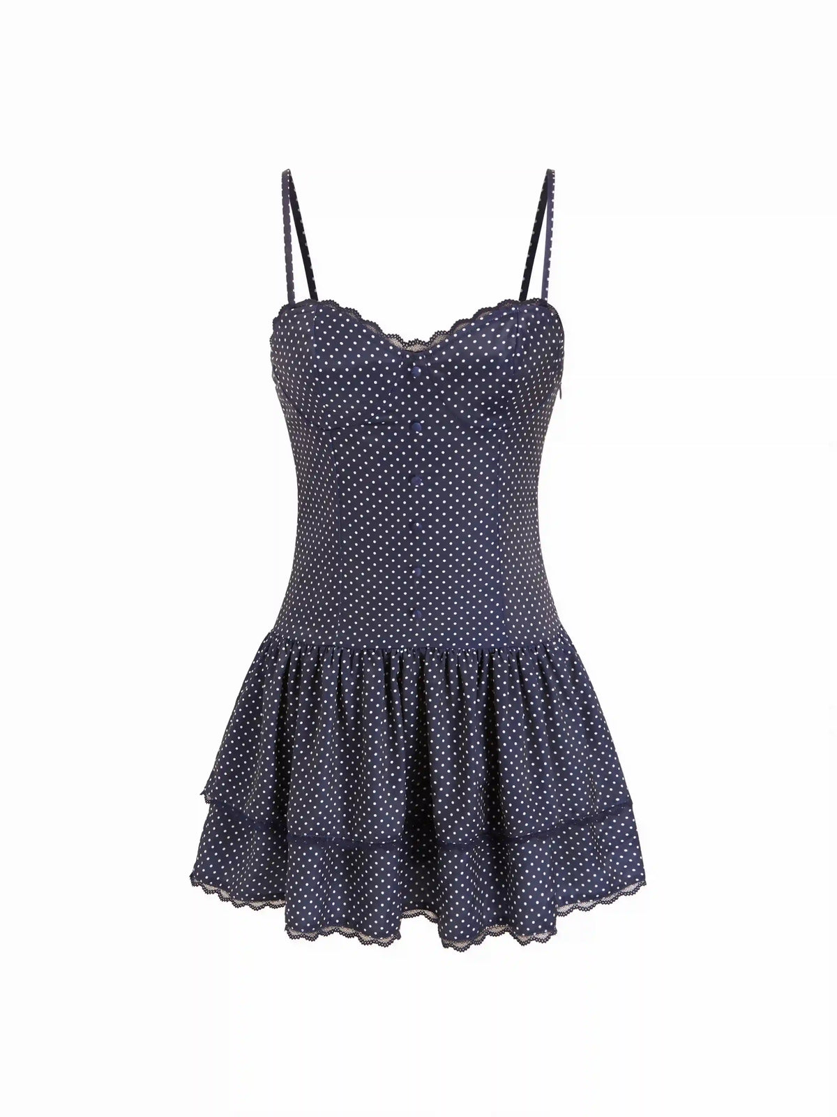 Polka Dot Sweetheart Neck Lace Trim Tiered Ruffled Mini Dress