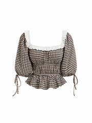 Gingham Square Neck Puff Sleeve Ruched Peplum Oversized Top