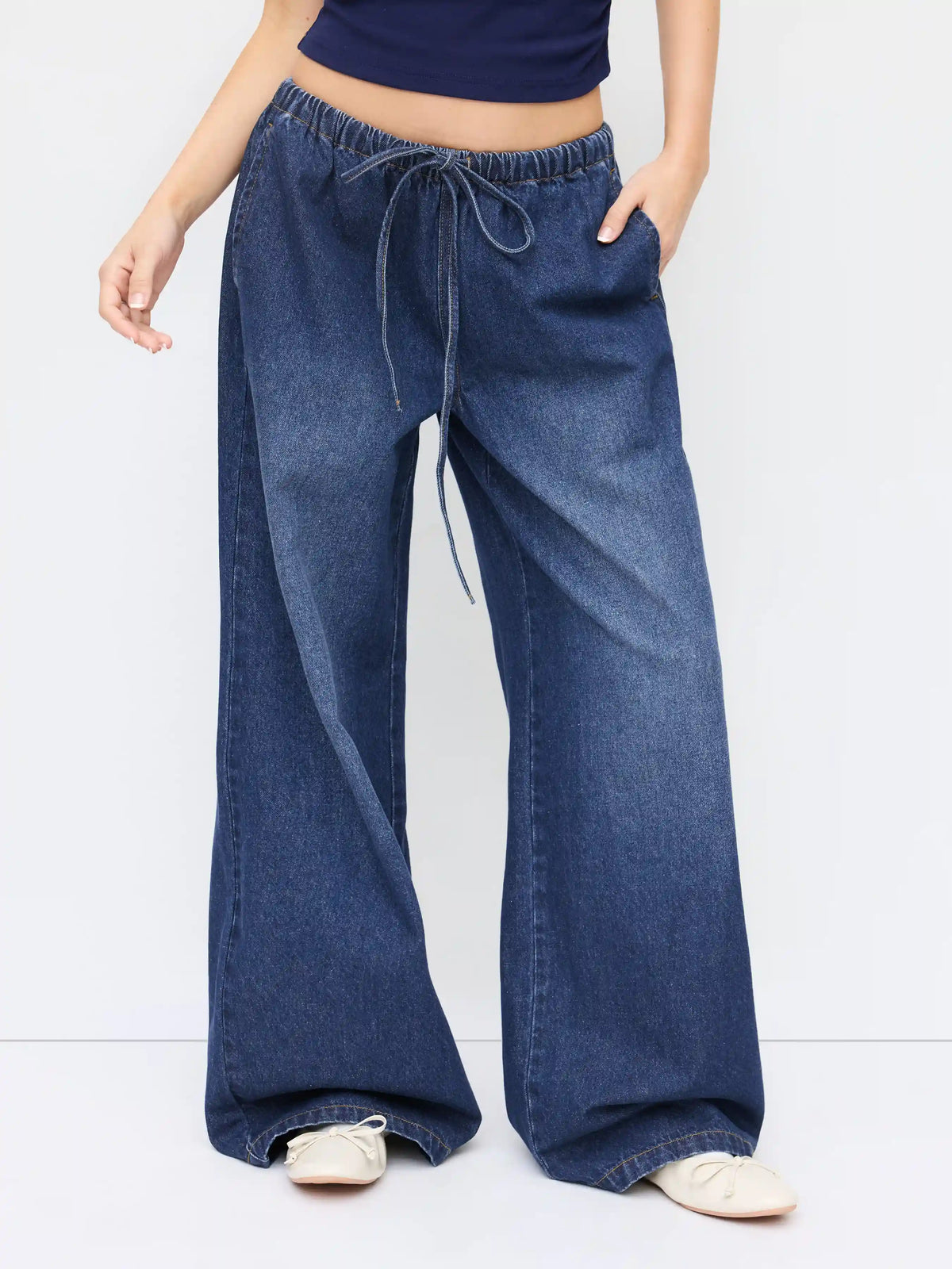 Washed Denim Knotted Low Rise Wide Leg Jeans