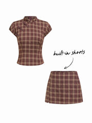 Mandarin Collar Plaid Top & Mid Rise Zipper Mini Skort Set