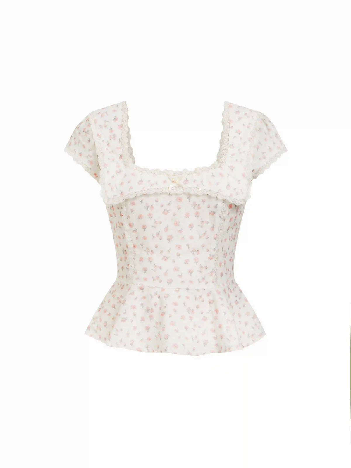Cotton-blend Floral Square Neck Puff Sleeve Lace Trim Bowknot Peplum Blouse