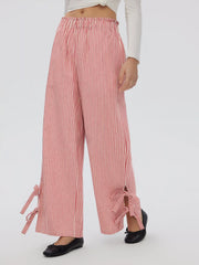 Cotton-blend High Rise Striped Wide Leg Trousers With Bowknot Cuffs