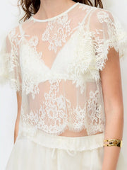 Lace Round Neck Ruffle Sleeve Short Sleeve Sheer Top