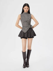 Gingham Stand Collar Asymmetrical Hem Ruched Knotted Top