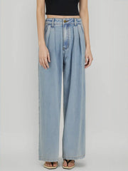 Denim Mid Rise Pleated Wide Leg Jeans