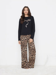 Bowknot Leopard Print Long Sleeve Top & Mid Rise Elastic Waist Wide Leg Trousers Loungewear Set