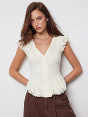 Lace V-Neck Ruffle Hem Blouse
