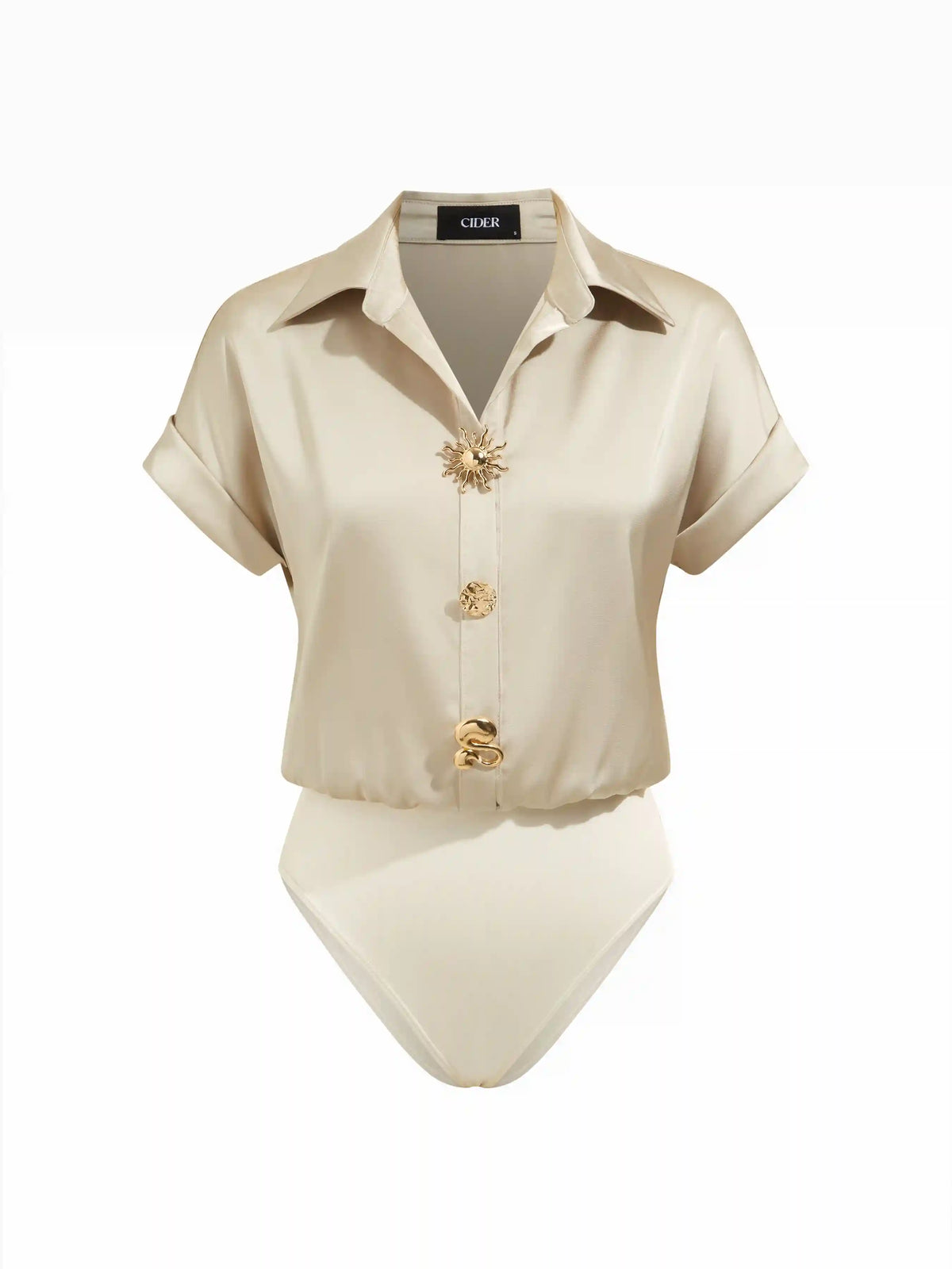 Satin Collar Short Sleeve Metal Detail Blouse Bodysuit