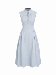 Cotton-blend Gingham Stand Collar Tie Neck Shirt Midi Dress