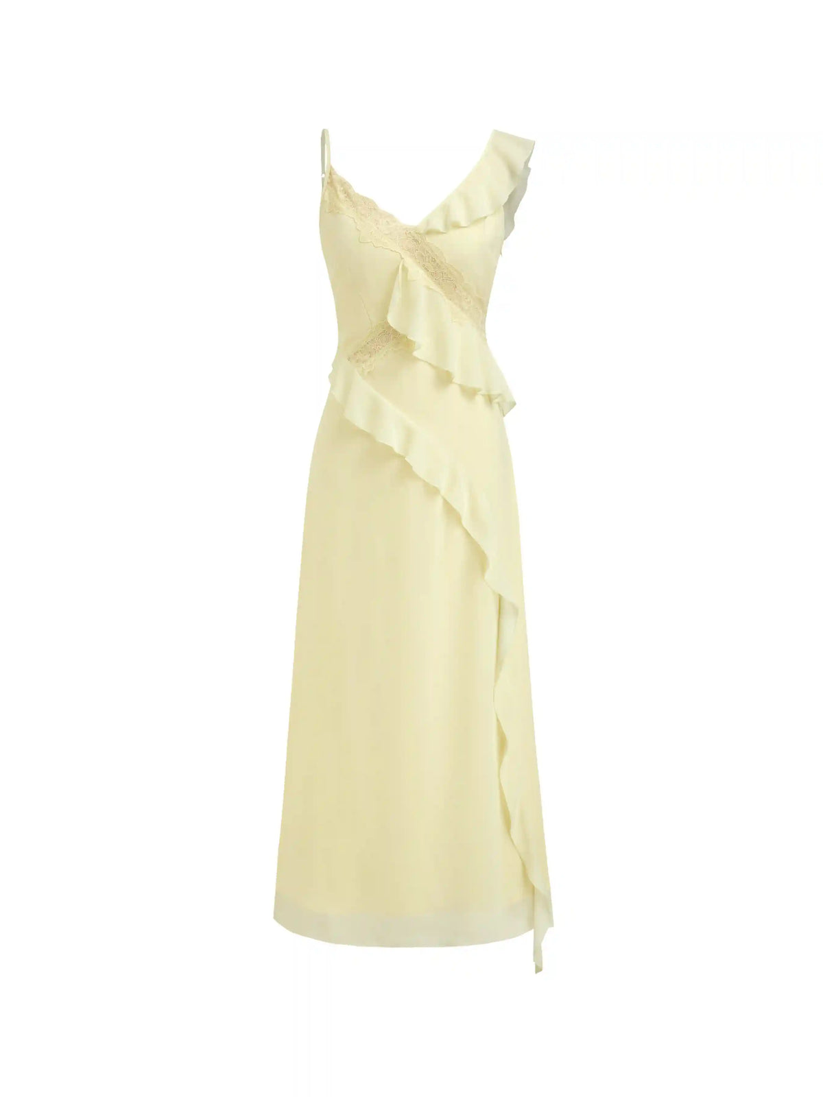Chiffon V-neck Lace Trim Ruffle Hem Maxi Dress