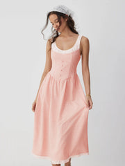Gingham Square Neckline Lace Up Maxi Dress