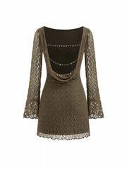 Lace Boat Neck Backless Chain Detail Ruched Mini Dress
