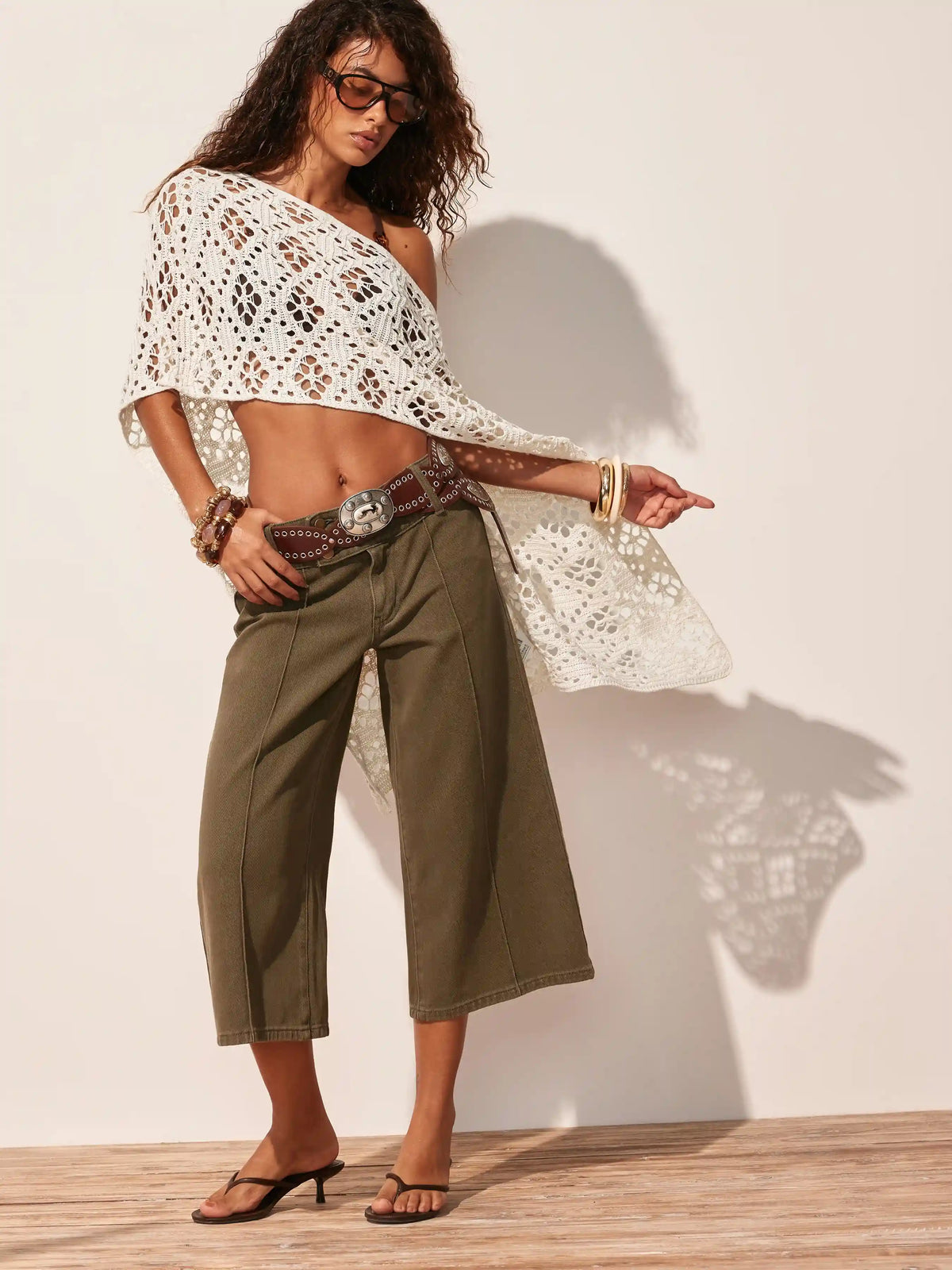 Knit Crochet Asymmetrical Neck Hollow Out Oversized Cape Top