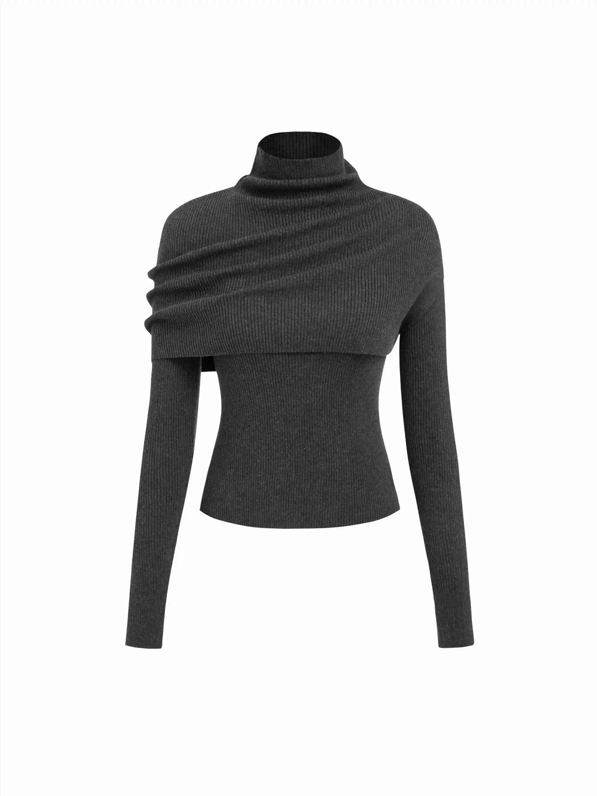 Knit Two Piece Round Neckline Long Sleeve Top With High Neck Wrap