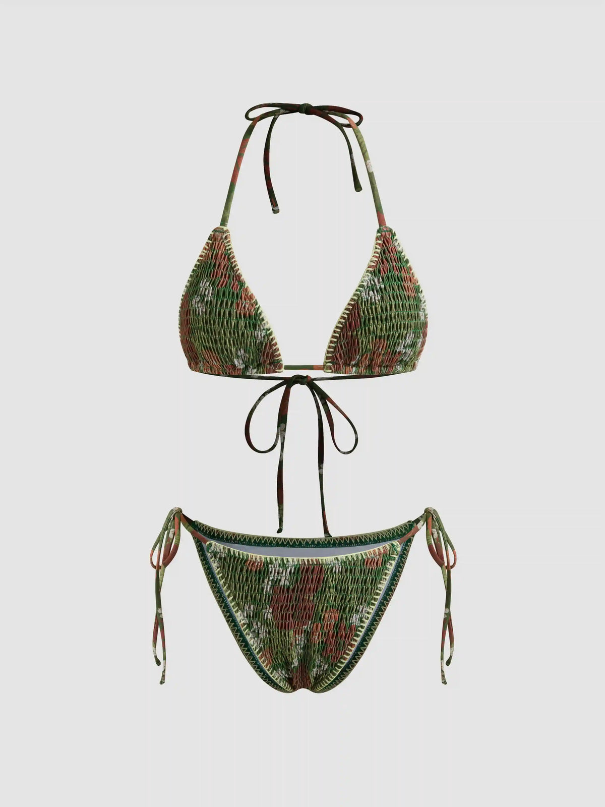 Halter Neckline Shirred Floral Triangle Tie Side Bikini Set