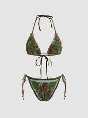 Halter Neckline Shirred Floral Triangle Tie Side Bikini Set