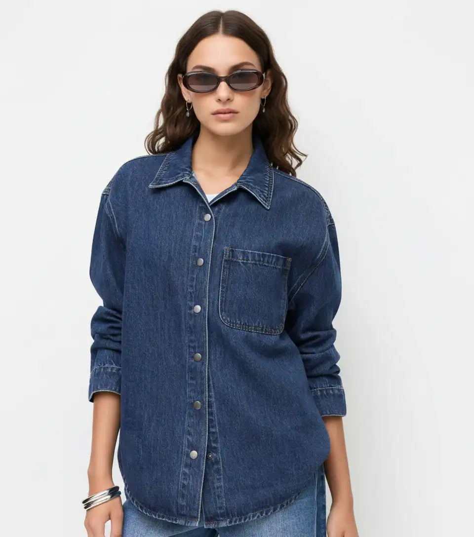 Denim Collar Long Sleeve Curved Hem Oversized Blouse