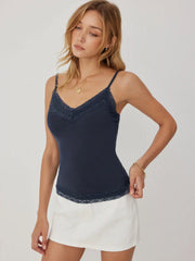 High Stretch Cotton-blend V-neck Lace Trim Cami Top
