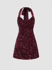 Sequin V-neck Halter Mini Dress