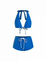 High Stretch Halter Neck Triangle Cup Bikini Set With Drawstring Waist