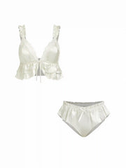 Satin V-Neck Ruched Layered Crop Top & Low Rise Ruffled Brief Loungewear Set