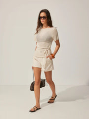 Knit Boat Neck Short Sleeve Top With Tie Waist