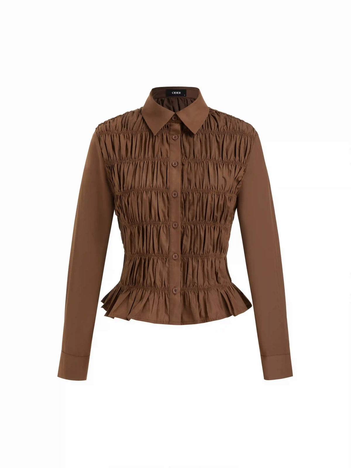 Cotton-blend Collar Shirred Ruffled Hem Blouse