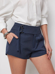 Low Rise Striped Shorts With Metal Detail Belted Waist