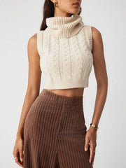 High Neck Solid Cable Knit Crop Vest