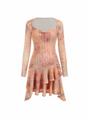 Two Pieces Cowl Neck Paisley Floral Ruffle Hem Mini Dress & Crop Shrug