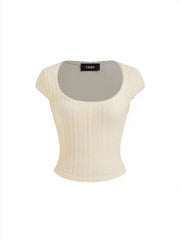 Textured Scoop Neck Short Sleeve Lace Panel Crop Top