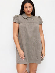 Peter Pan Collar Houndstooth Button Mini Dress Curve & Plus