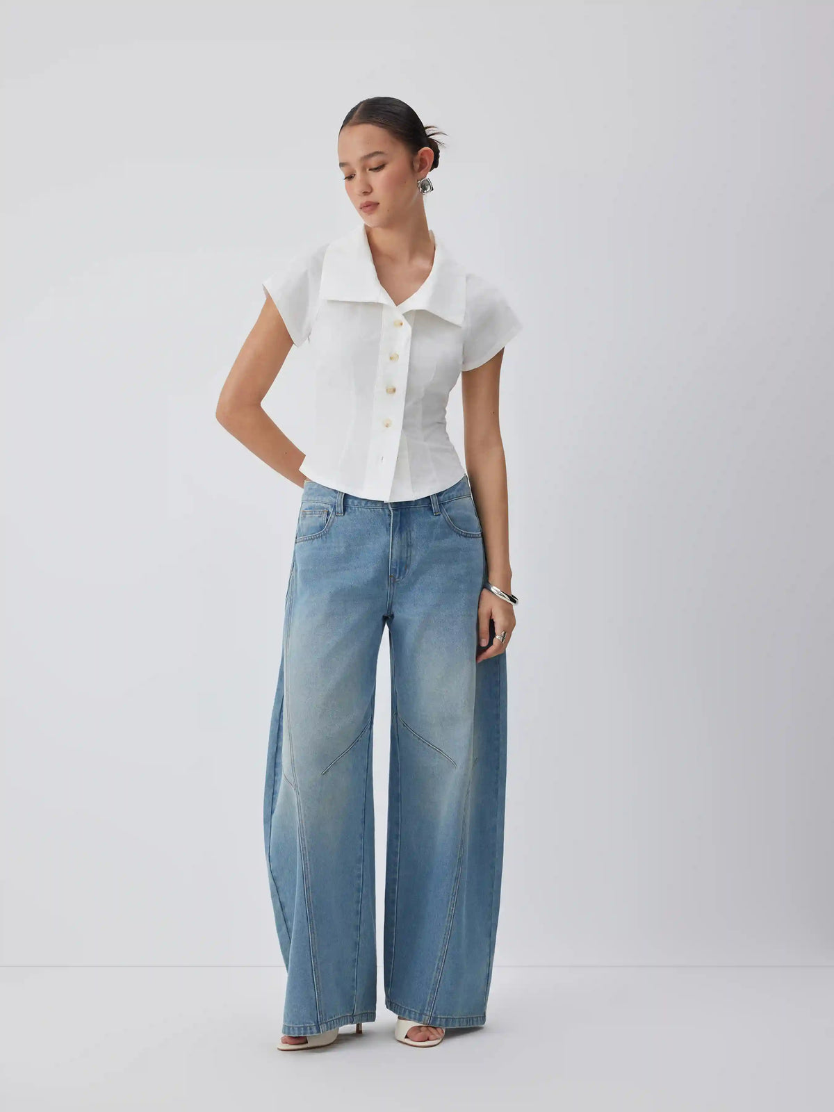 Cotton Notched Collar Short Sleeve Button Through Blouse