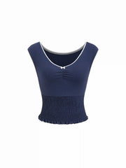 V-Neck Ruched Smocked Ruffled Hem Tee With Bowknot