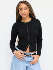 Knit Round Neckline Long Sleeve Button Cardigan
