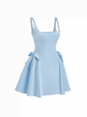 Satin Sculptural Square Neck Bowknot Flared Mini Dress