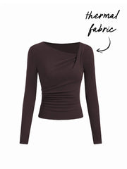 Thermal Cotton-blend Asymmetrical Neck Long Sleeve Ruched Top